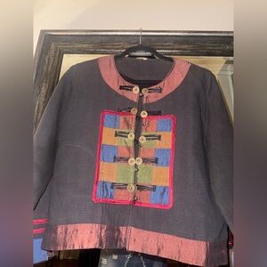 Bohemian Folky patchwork panel, slightly cropped, collarless boxy jacket